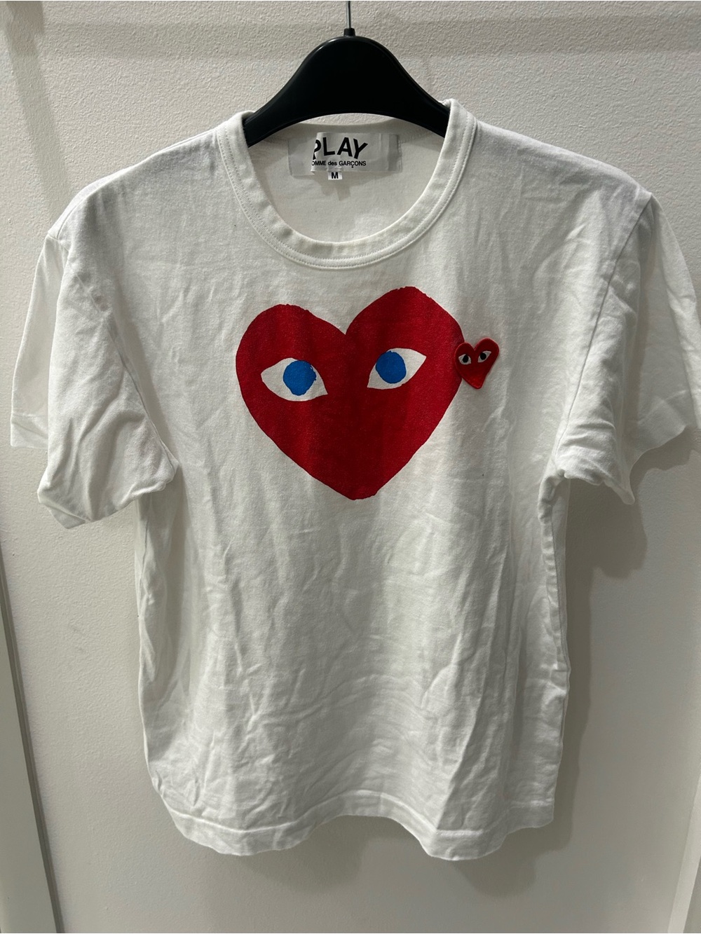 Comme des Garçons White Short Sleeve Tee with Red Heart Graphic